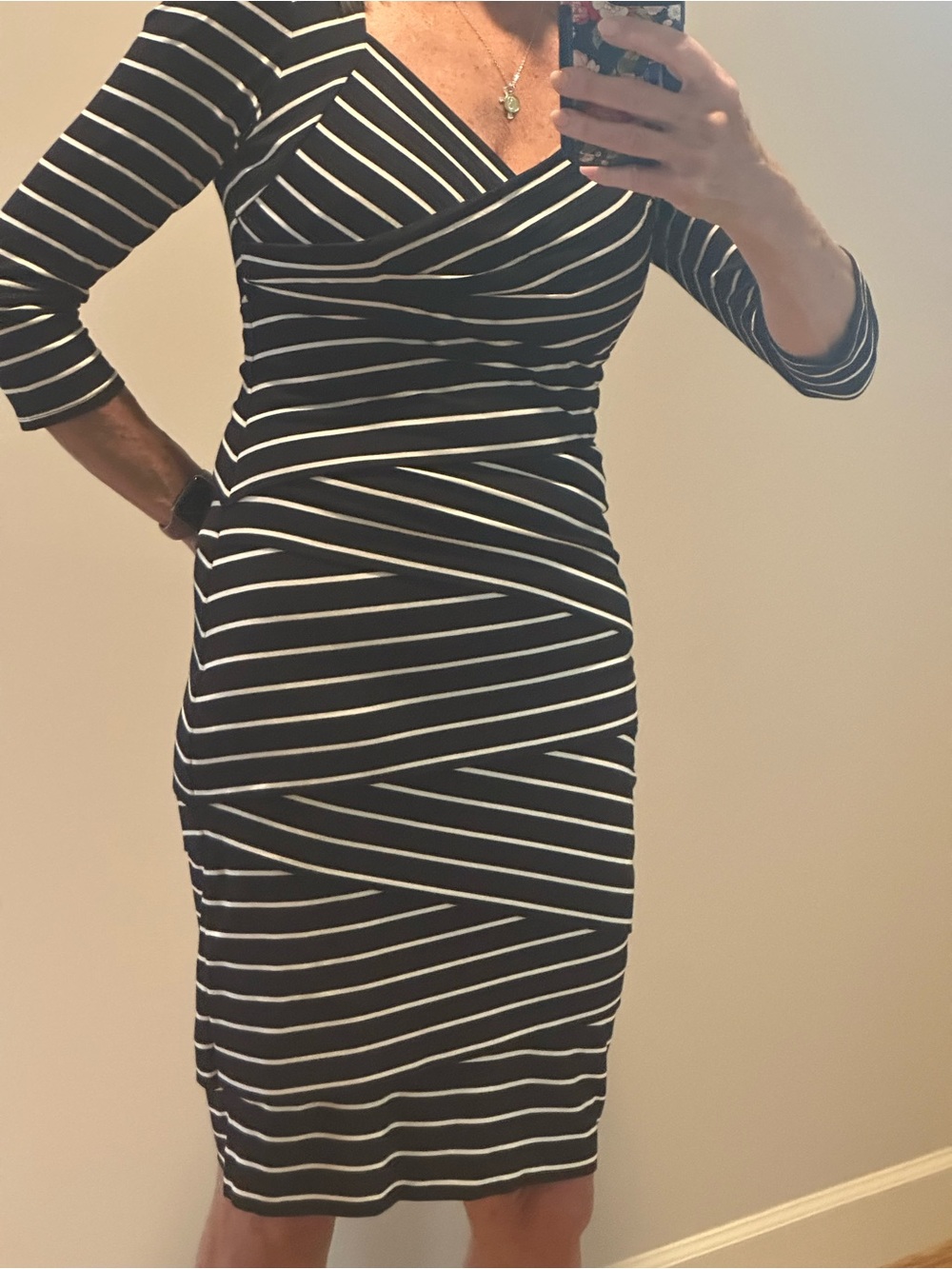 White House Black Market Black & White Striped Wrap-Detail Midi Dress